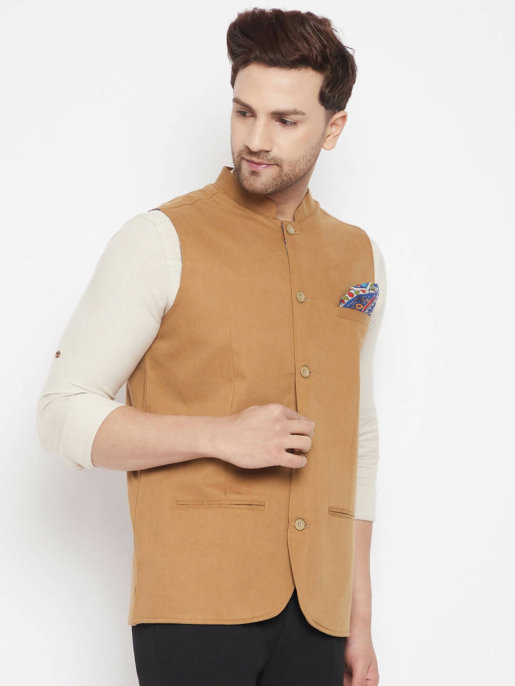 Even Apparels Brown Polyester Men's Nehru Jacket-Contrast Lining-Inbuilt Pocket Square
