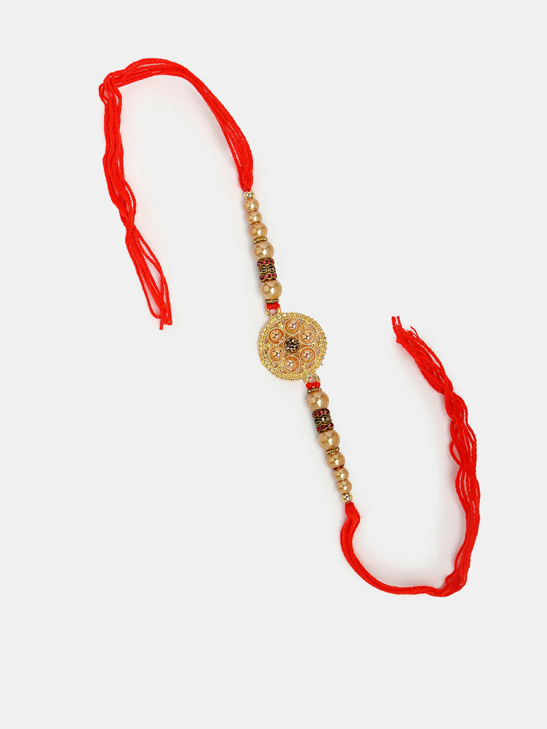 NVR Women & Men Set of 2 Gold-Toned Stone-Studded & Beaded Bhaiya Bhabi Rakhi With Roli Chawal