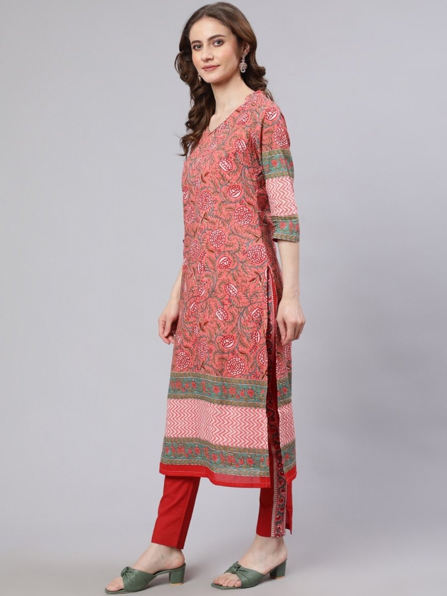 Aks Pink Floral Printed Mandarin Collar Regular Pure Cotton Kurta With Trousers