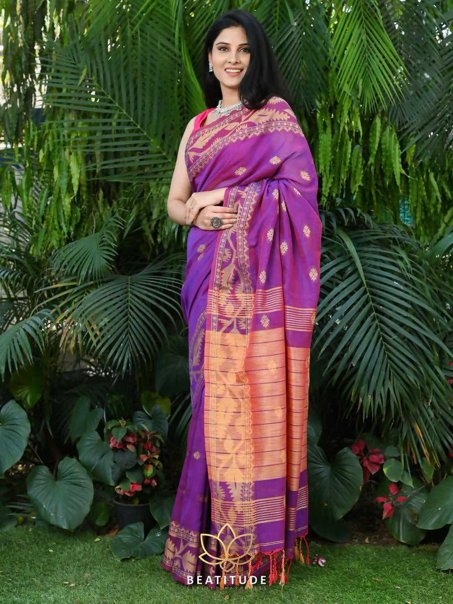 Exclusive Collection Beautiful Violet Pure Cotton Woven Handloom Saree With Running Blouse Piece