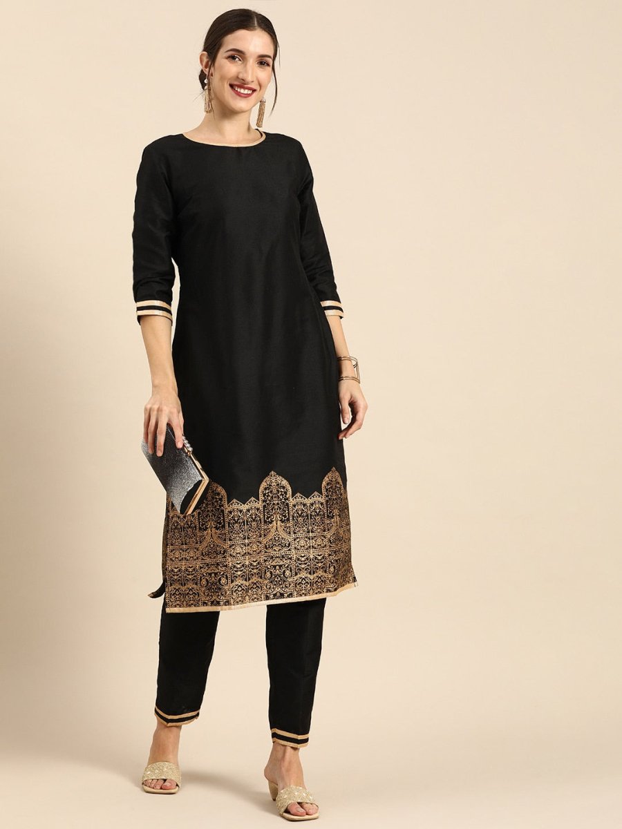 All About You Women Black & Gold Printed Regular Kurta with Trousers
