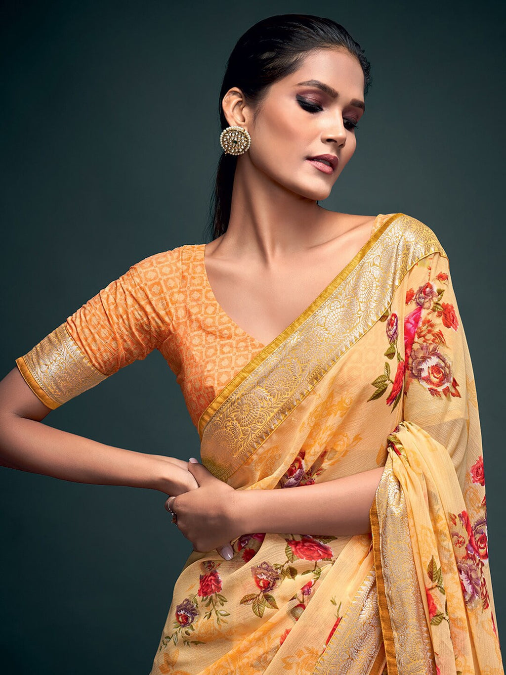 Saree Mall Yellow & Gold-Toned Floral Pure Georgette Banarasi Saree