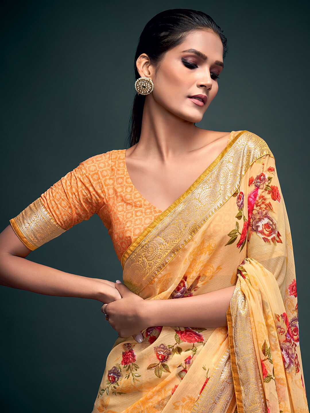 Saree Mall Yellow & Gold-Toned Floral Pure Georgette Banarasi Saree