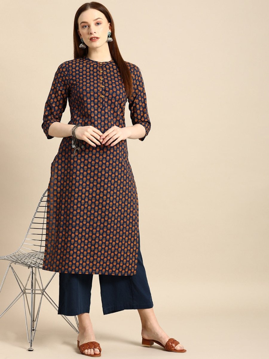 All About You Women Navy Blue & Gold-Toned Ethnic Motifs Printed Regular Kurta