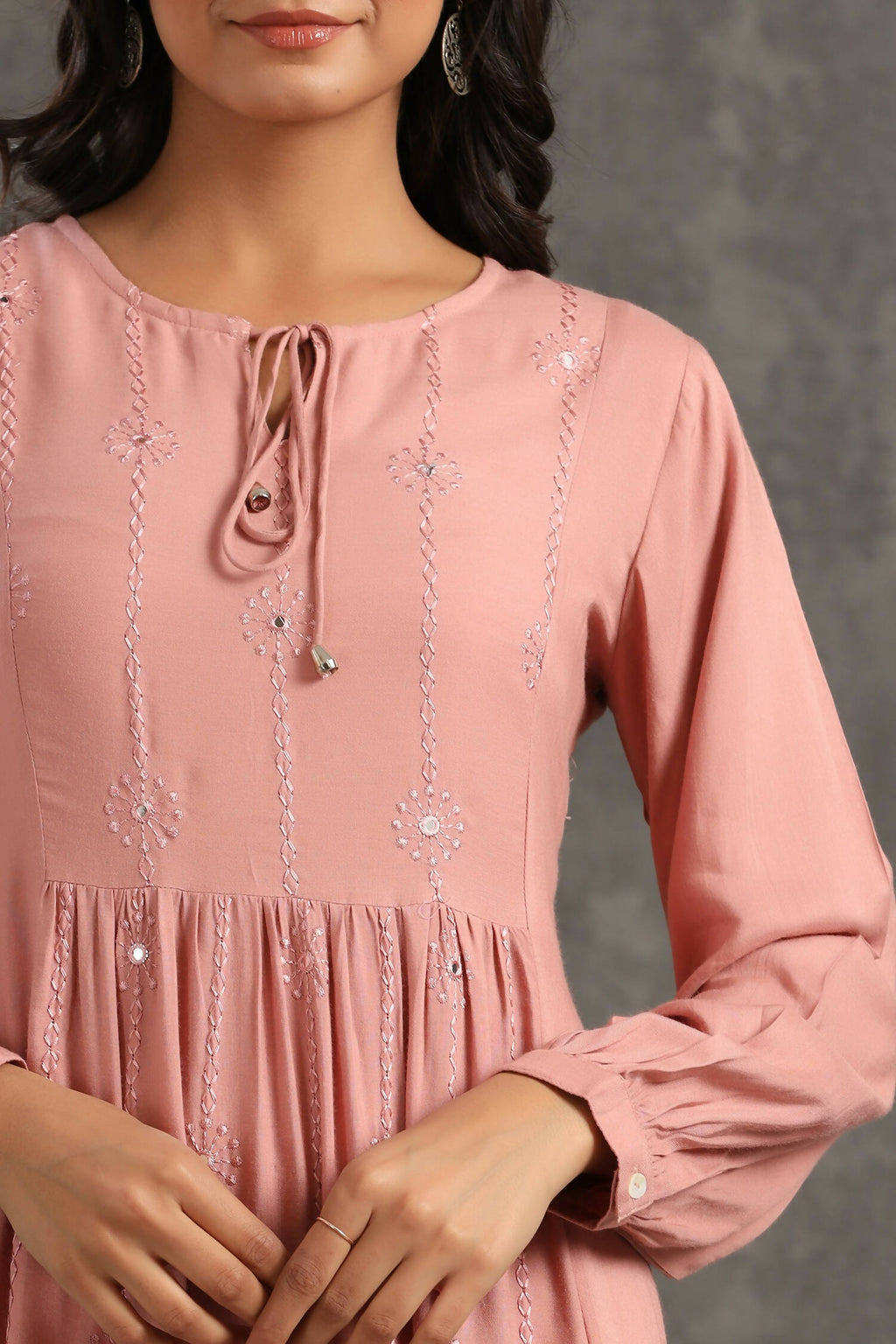 Juniper Womens Onion Pink Rayon Solid Maxi Dress With Mirror Embroidery And Full Sleeve