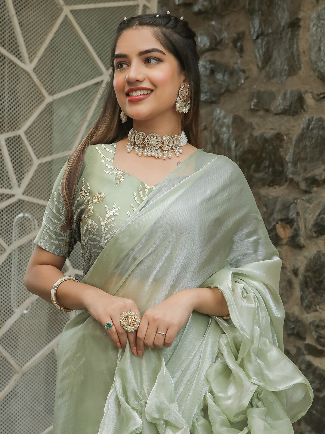Tikhi Imli Embellished Sequinned Ruffled Ready to Wear Satin Saree