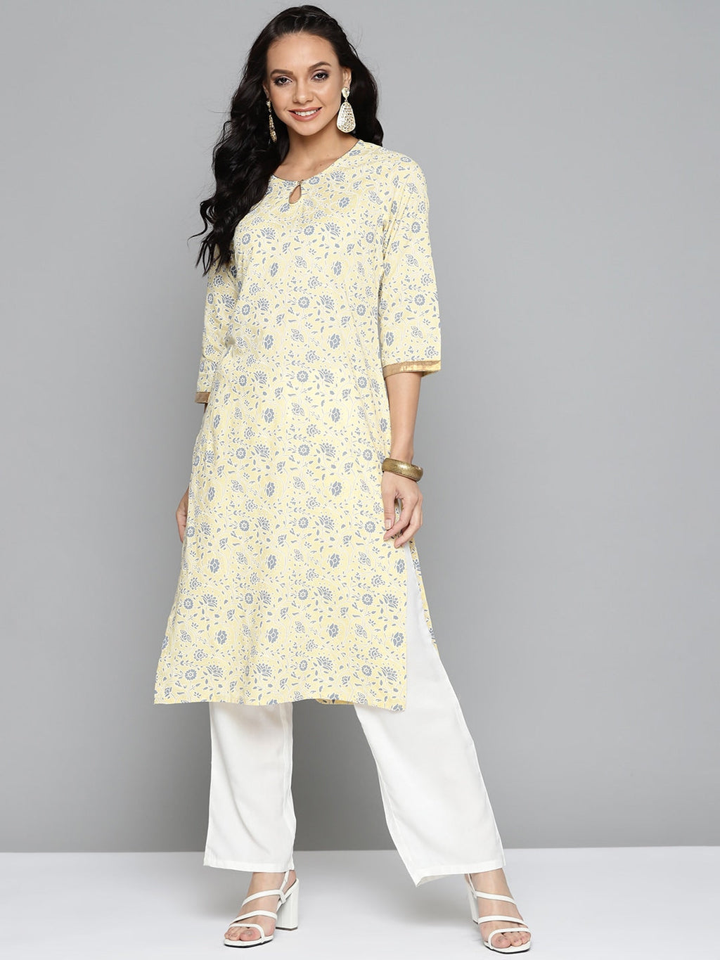 HERE&NOW Women Yellow & Grey Ethnic Motifs Printed Kurta with Trousers
