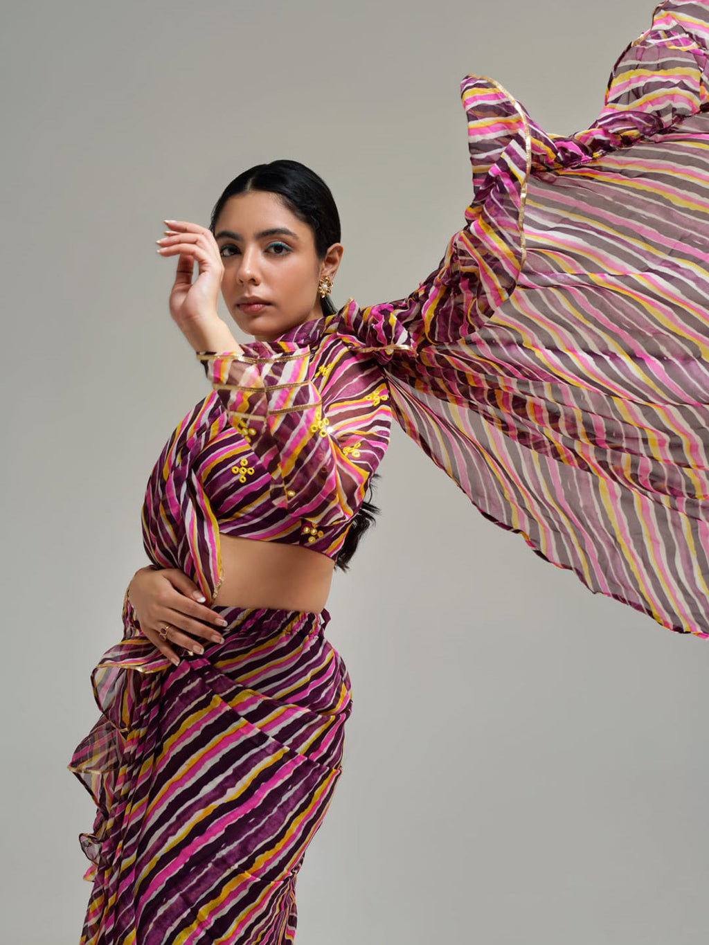 Tikhi Imli Brown Striped Ruffled Ready To Wear Saree