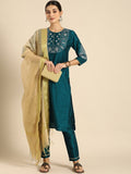 All About You Women Green & Gold-Toned Embroidered Sequinned Kurta with Trousers & Dupatta