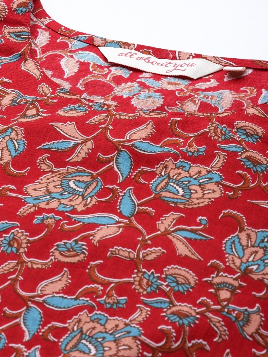 All About You Women Red Floral Printed Pure Cotton Kurta with Trousers