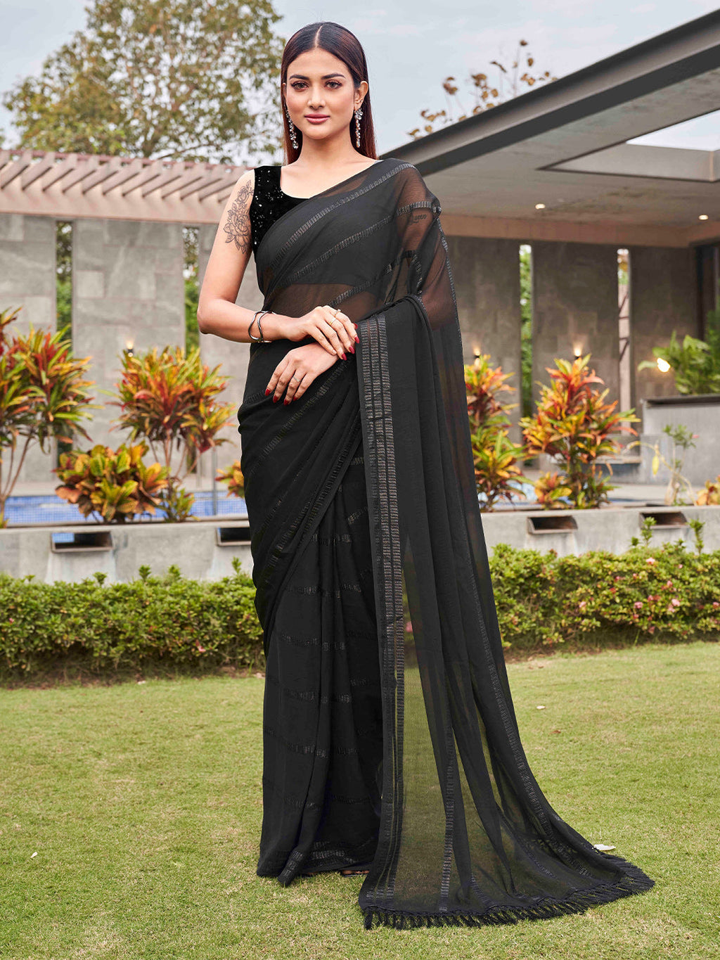 Tikhi Imli Black Striped Sequinned Saree