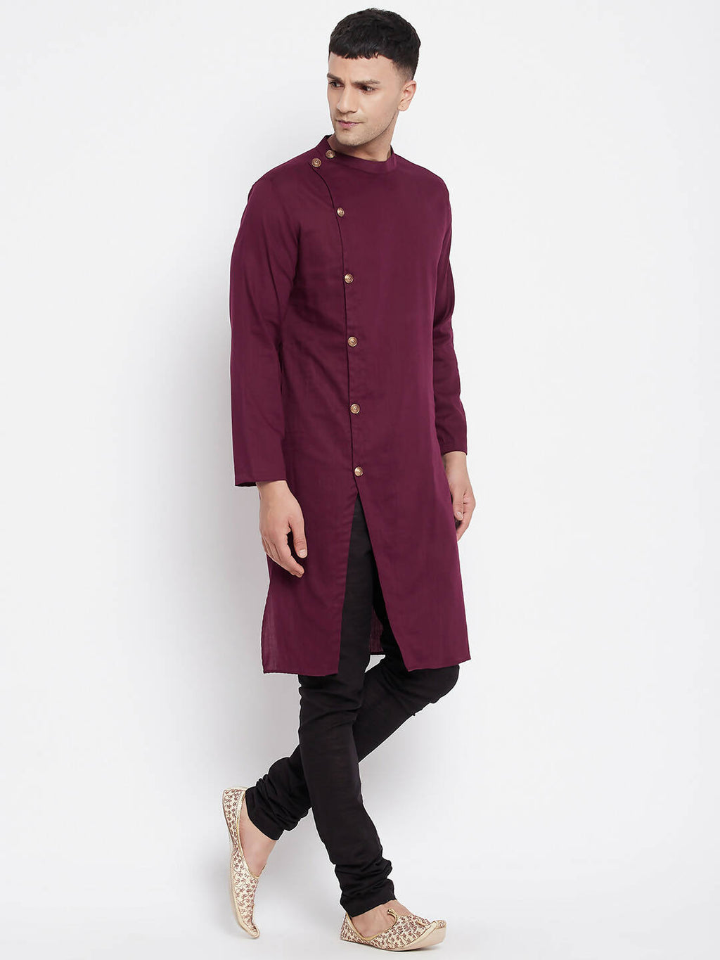Even Apparels Maroon Pure Cotton Men's Sherwani Kurta With Asymetrical Cut