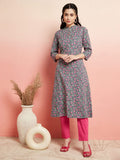 Aks Floral Printed Mandarin Collar Cotton Anarkali Kurta