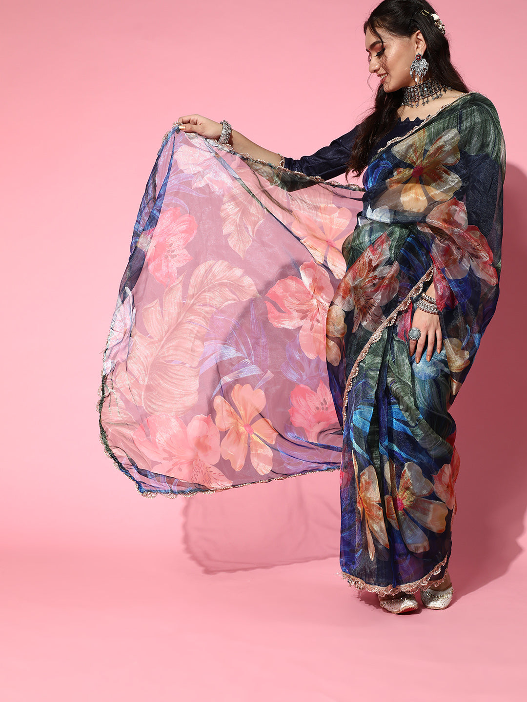 Tikhi Imli Navy Blue Saree with Zari border