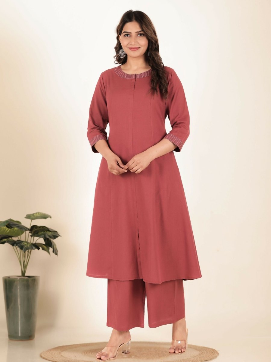Aramya Pink Linen Cotton Solid Print A-line Kurta Set for Women