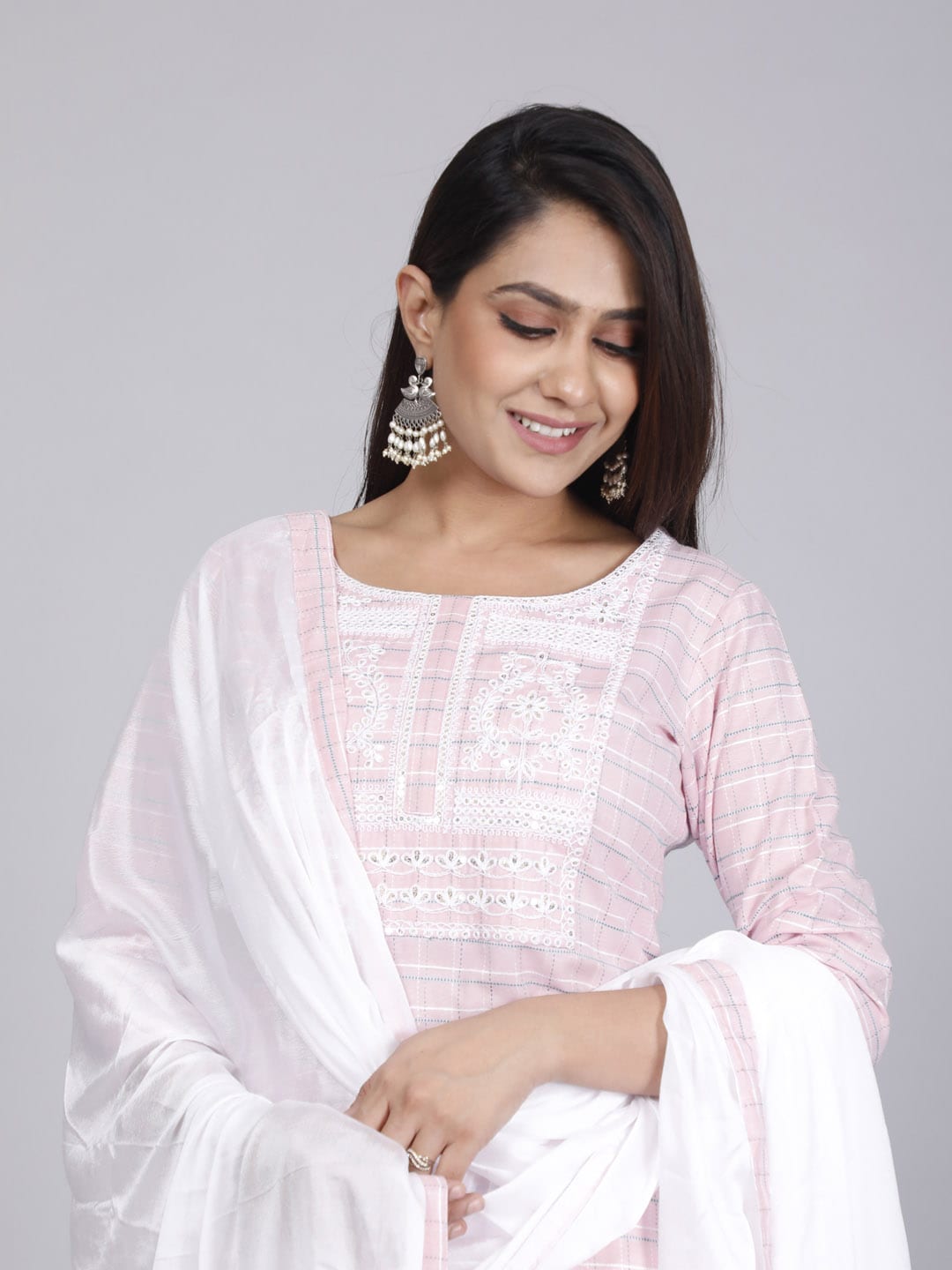 HERE&NOW Pink Embroidered Sequinned Pure Cotton Kurta with Trousers & With Dupatta