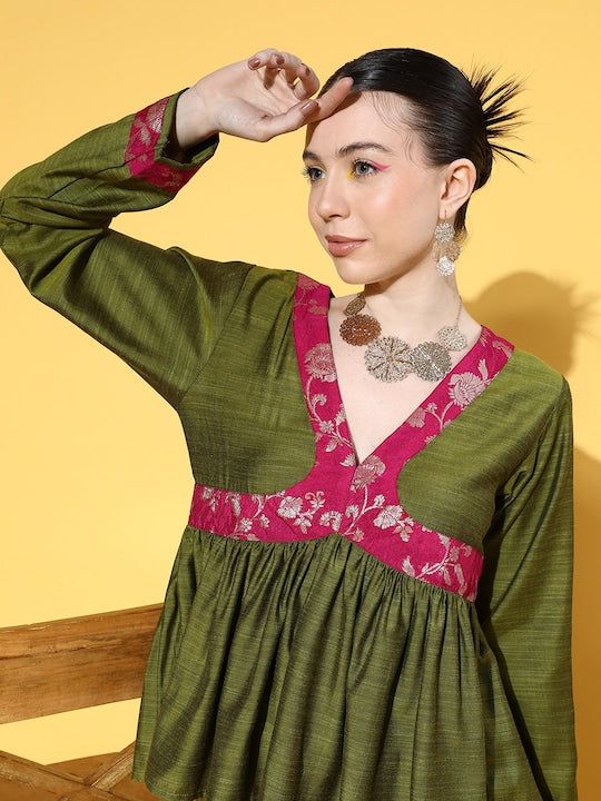 InWeave Women's Olive Pink Brocade Mughal Shaan Kurta Palazzo Set