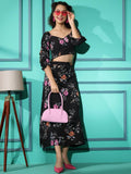 Black Crepe Floral Printed Top with Matching Skirt - Shivani