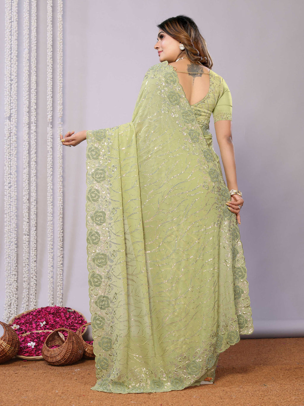 Gajari Pure Georgette Embroidered Saree With Stitched Blouse - Nimaya Kaksha