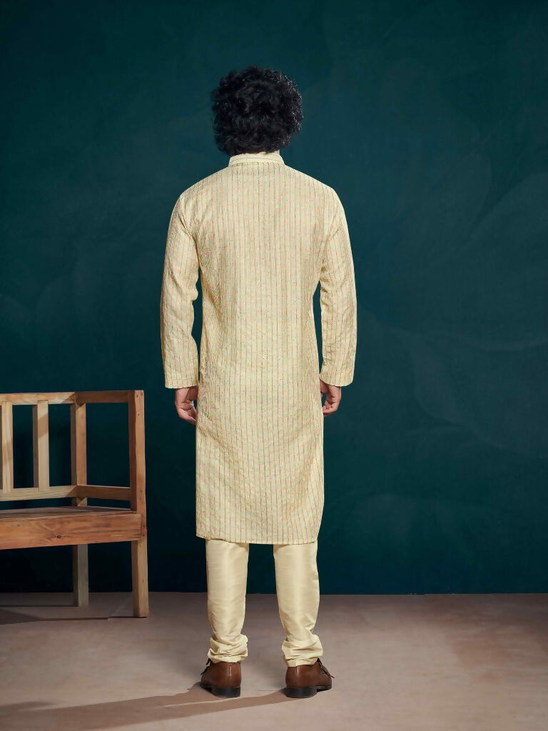 Off White Viscose Designer Sequance Embroidery Work Men's Kurta Set - Mahotsav