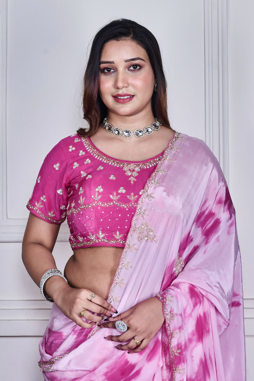 Morchari Pink Crepe Hand Embroidery Saree And Stitched Blouse