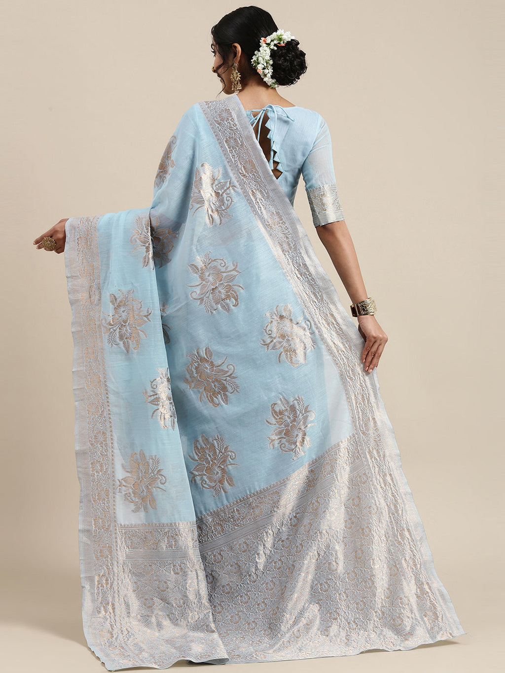 Saree Mall Turquoise Blue Floral Linen Blend Banarasi Saree