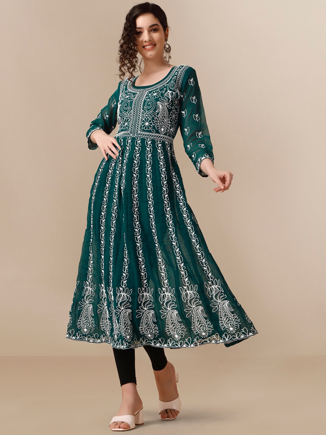 HERE&NOW Paneled Floral Embroidered Georgette Anarkali Kurta