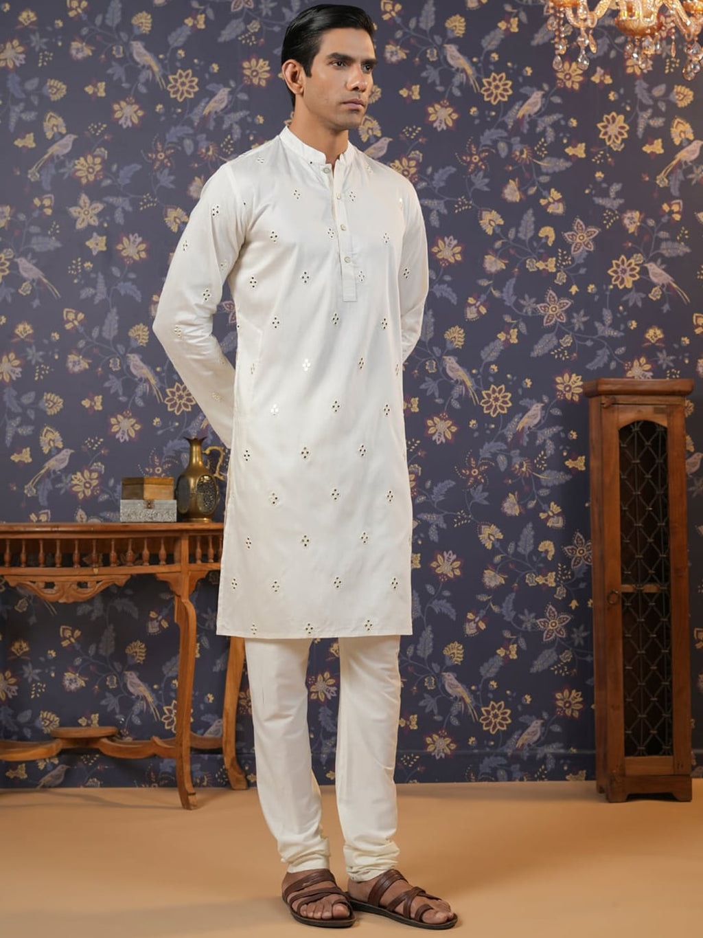House of Pataudi Embroidered Mirror Work Straight Kurta With Pyjama