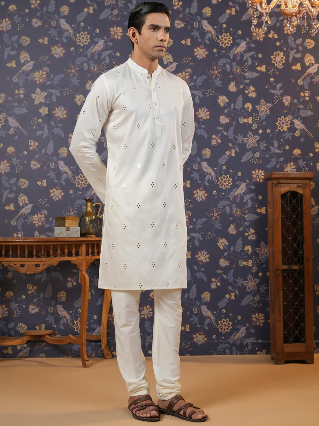 House of Pataudi Embroidered Mirror Work Straight Kurta With Pyjama