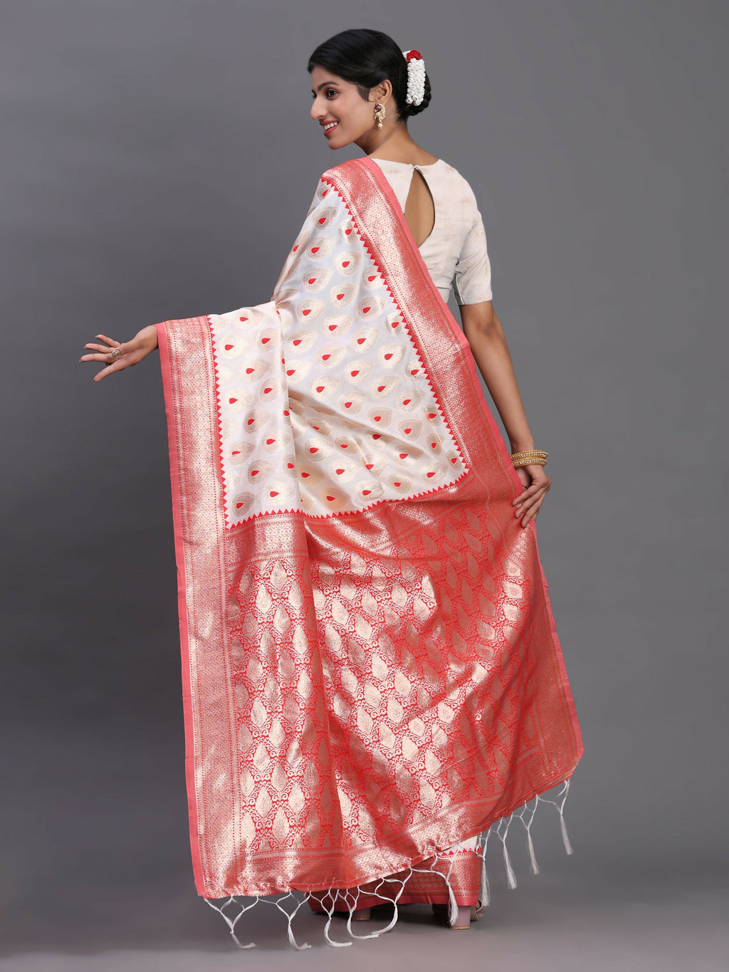 Shree Shyam Fashion Banarasi Silk Red & White Saree