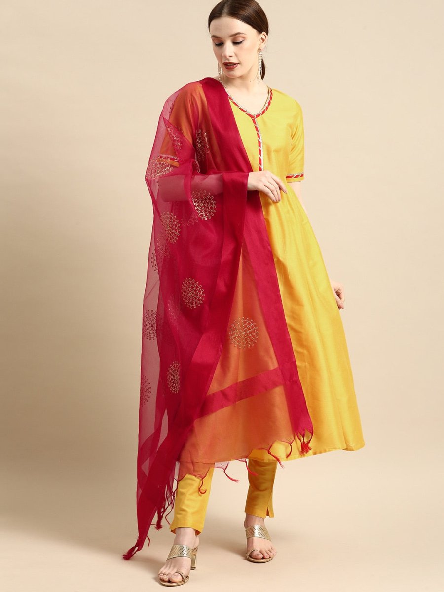 All About You Women Yellow & Red Gotta Patti Kurta with Trousers & With Dupatta