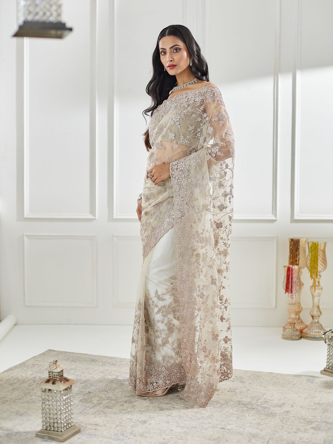 kasee Floral Embellished Beads and Stones Net Saree