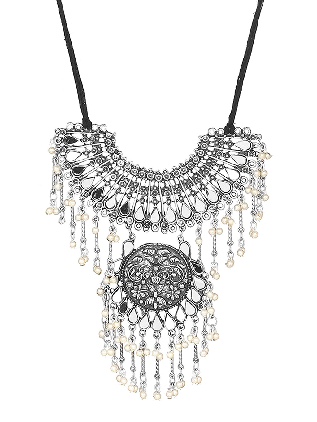 Cardinal Silver-Toned Mirror Studded & Beaded Oxidised Choker Jewellery Set
