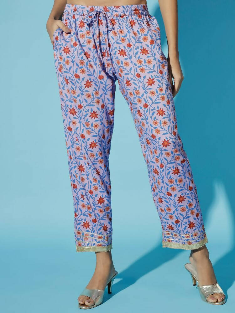 Myshka Women Printed Lavender Kurta & Trousers With Dupatta