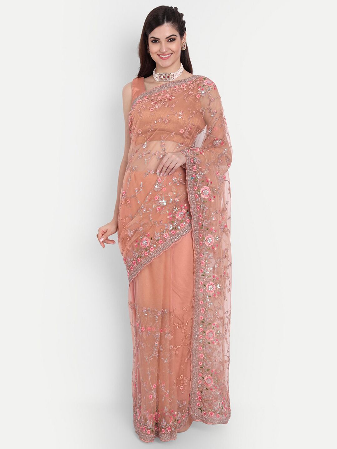kasee Women Peach-Coloured Floral Embroidered Net Saree