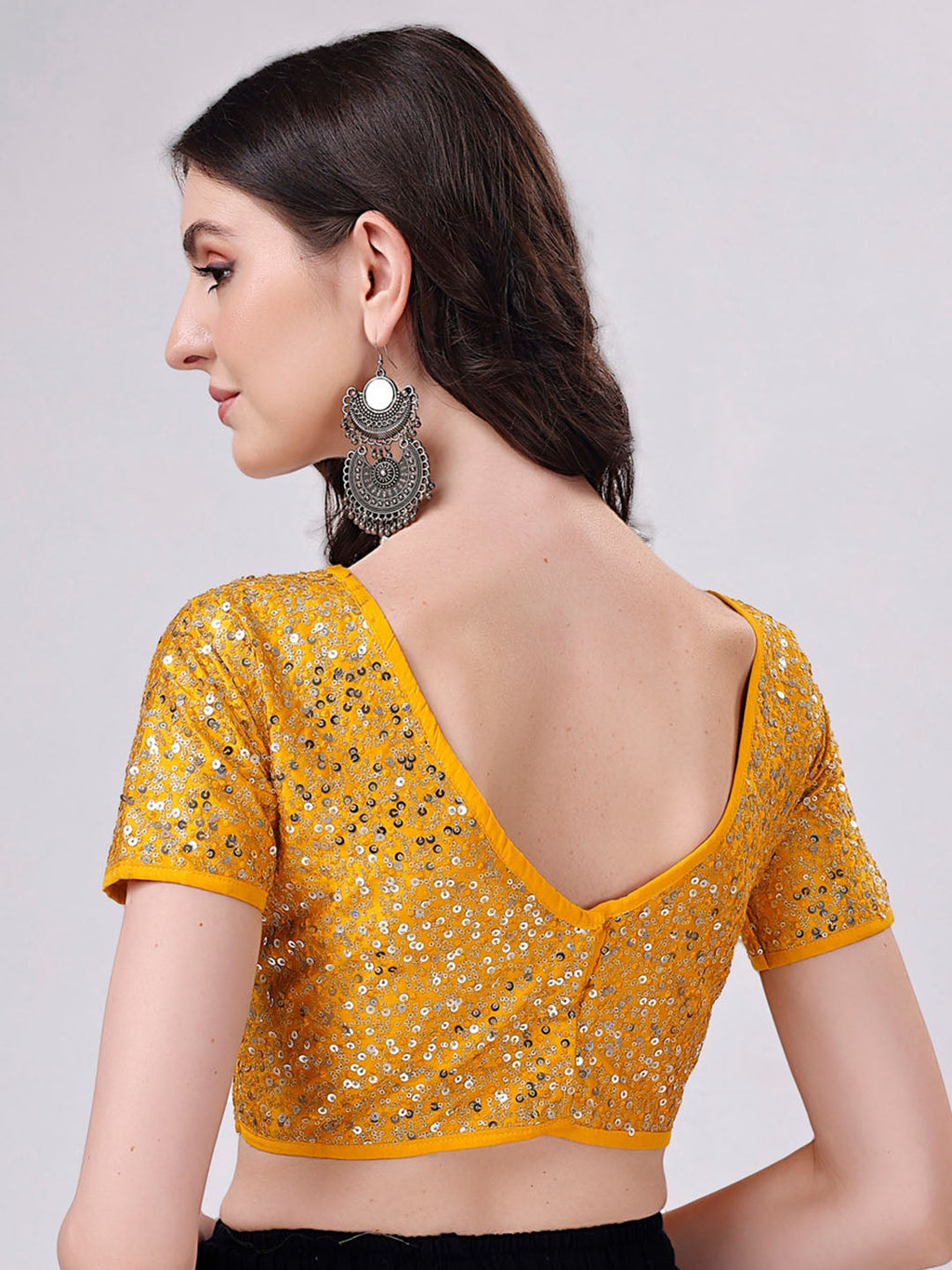 Tikhi Imli Yellow Embellished Boat Neck Sequinned Detailed Saree Blouse