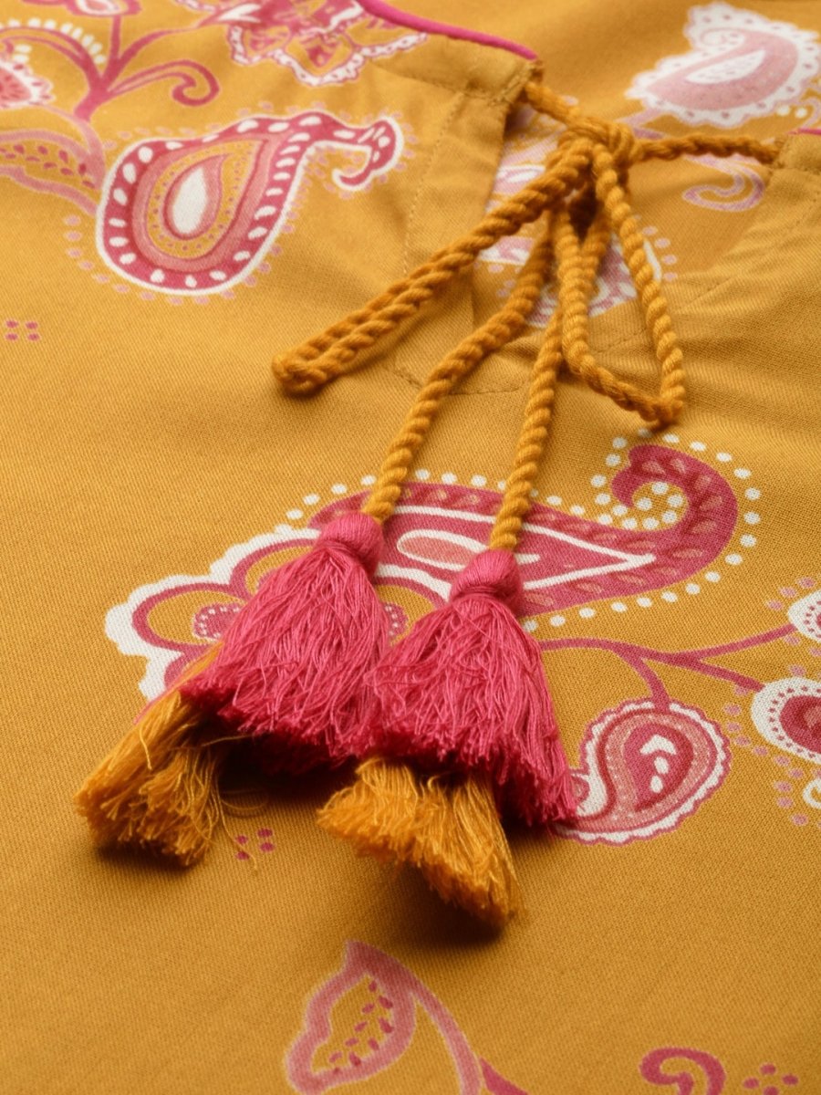 All About You Women Mustard Yellow Ethnic Motifs Printed Flared Sleeves Kurta