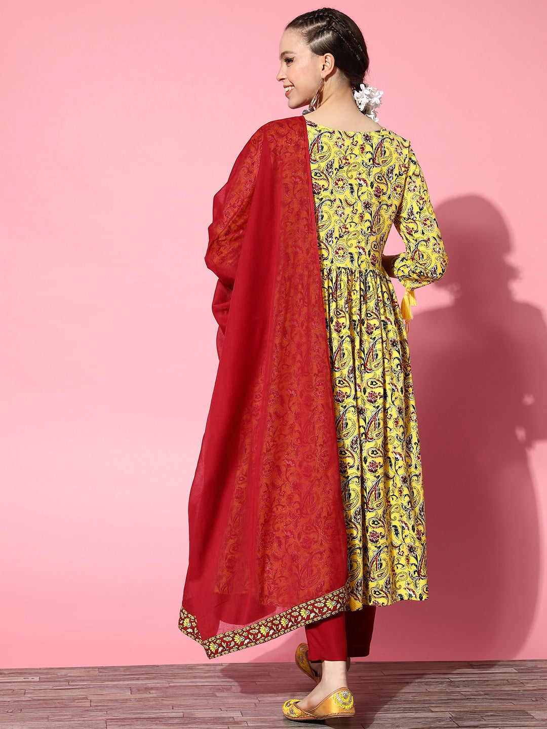 HERE&NOW Yellow & Red Ethnic Motifs Print Parade Anarkali Kurta with Trousers & Dupatta