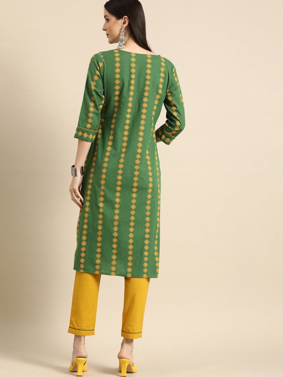 All About You Women Green Ethnic Motifs Printed Kurta with Mustard Yellow Trousers