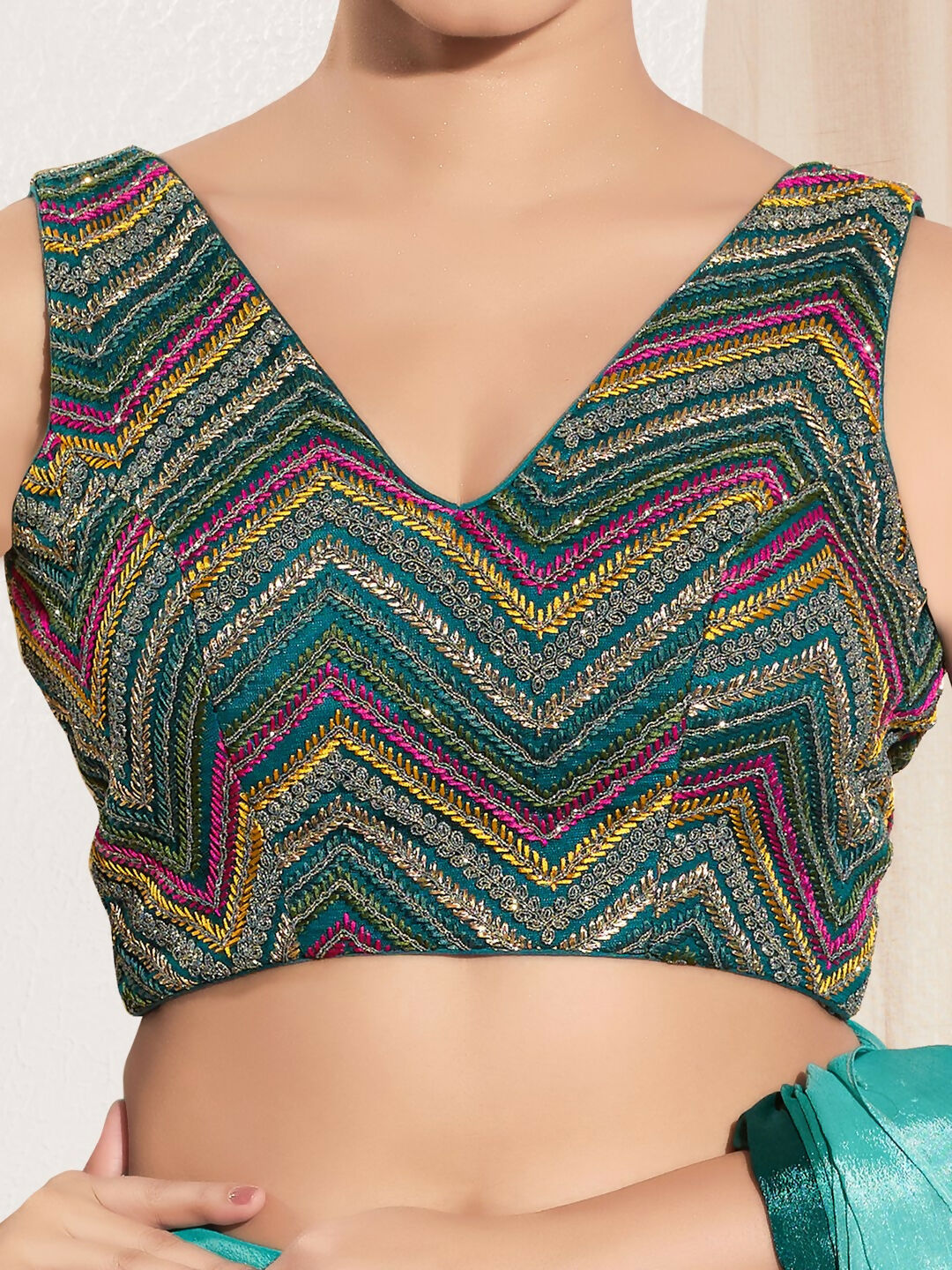 Joban Fashion Cobalt Blue Net Padded Blouse With V Neck Sleeveless