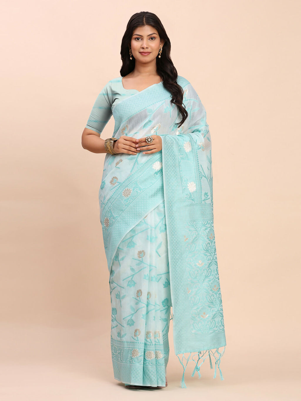 Shree Shyam Fashion Linen Cotton Sky Blue Saree
