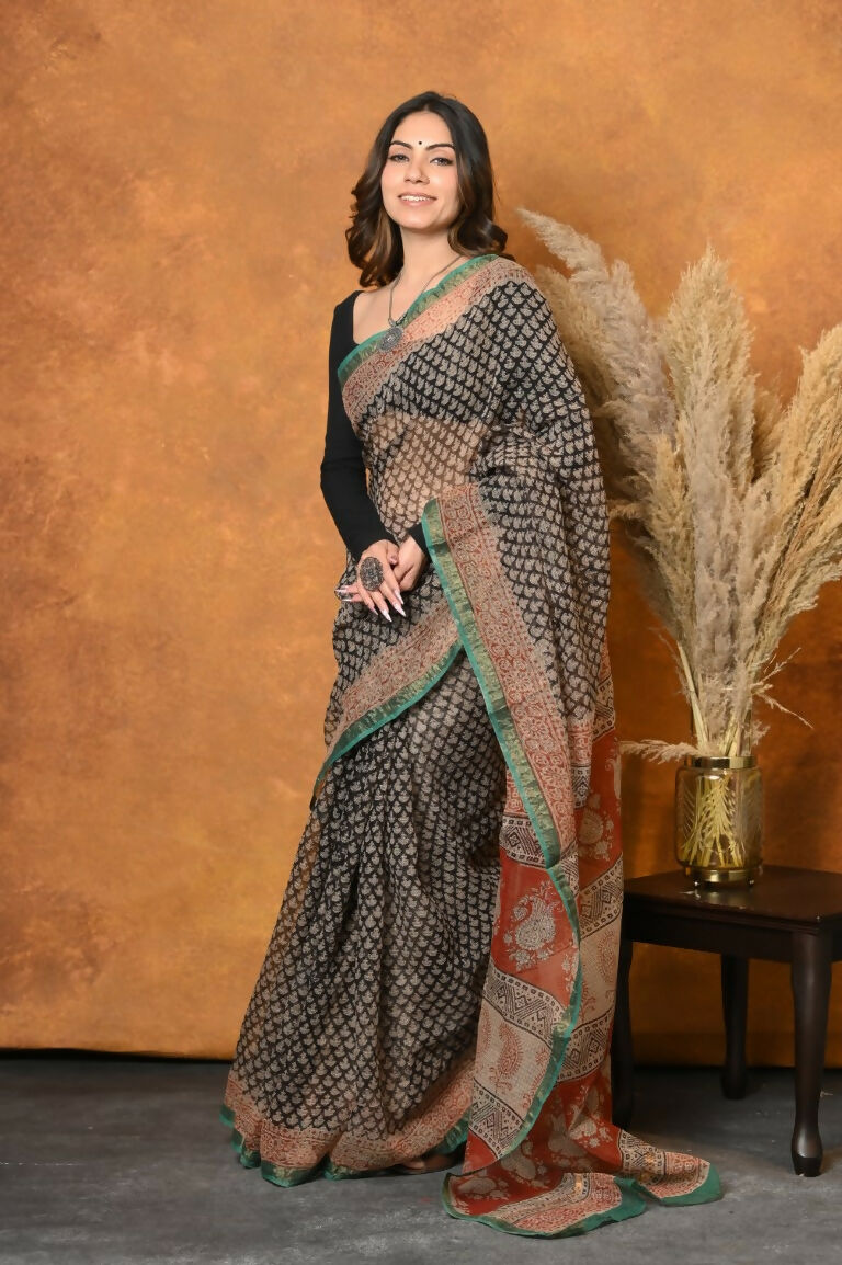 Very Much Indian Handloom Pure Kota Cotton Handblock Printed Saree - Cerulean Print