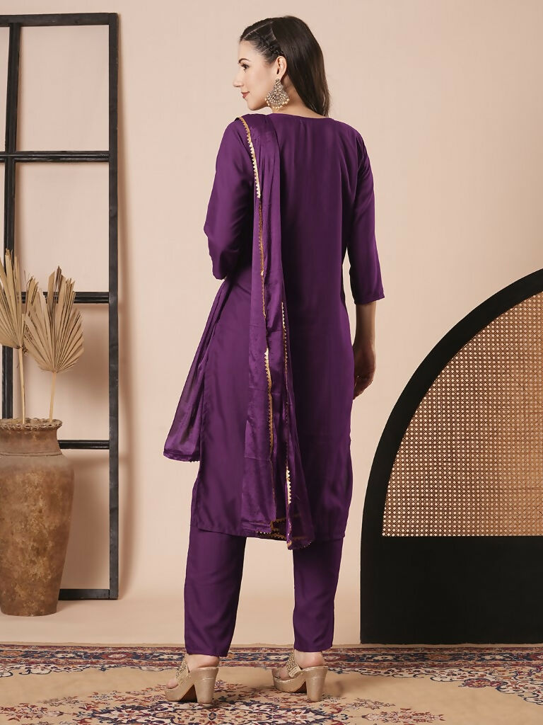 Purple Rayon Slub Embroidery Work Kurta Set - Riya