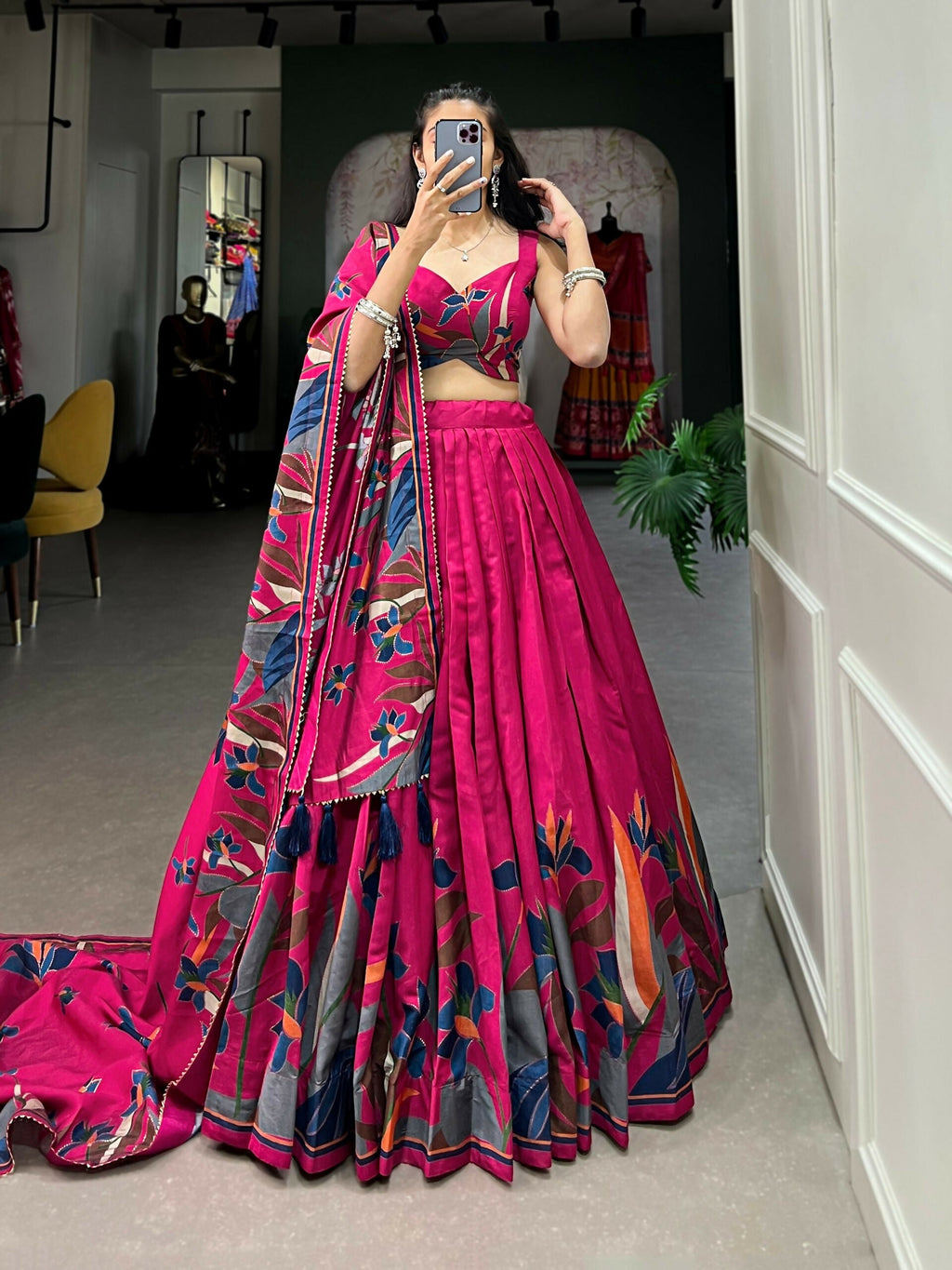 Vastranavya Polyester Viscose Chanderi Lehenga Choli With Intricate Print And Dupatta - Pink