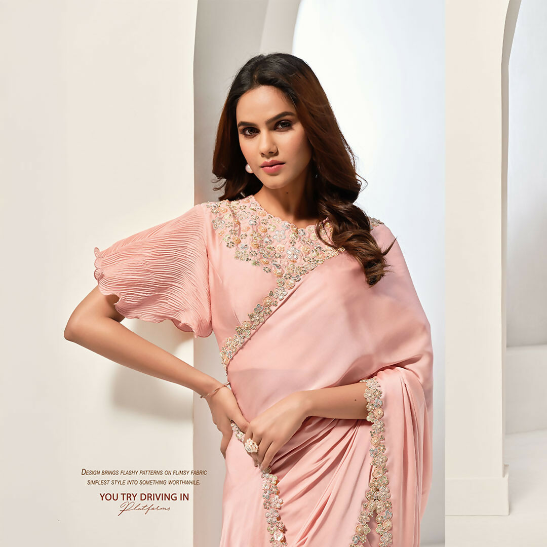 Peach Crepe Satin Silk Sequence & Handwork Saree With Unstitched Blouse - Norita Saanjh