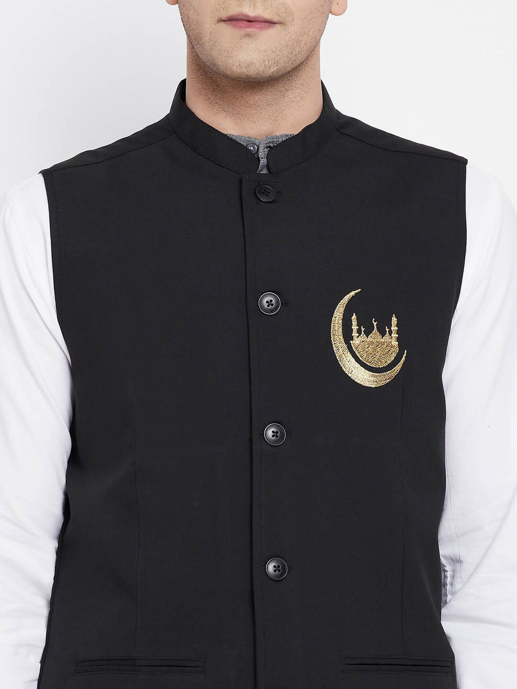 Even Apparels Black Pure Cotton White Kurta Sets With Eid Insignia Jackets PW668-CHA