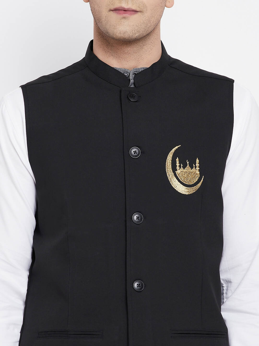 Even Apparels Black Pure Cotton White Kurta Sets With Eid Insignia Jackets PW668-CHA