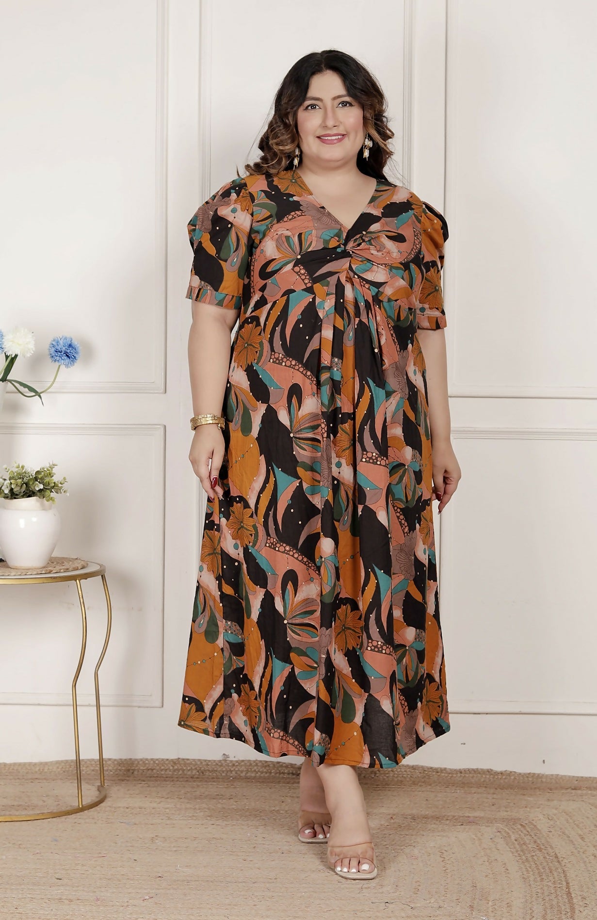 Miravan Womens Plus Size Pure Cotton Black Puff Sleeve Floral Printed Butterfly Maxi Dress