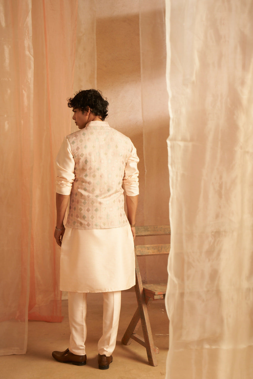 Peach Viscose Designer Printed Men's Kurta Set with Koti - Mahotsav