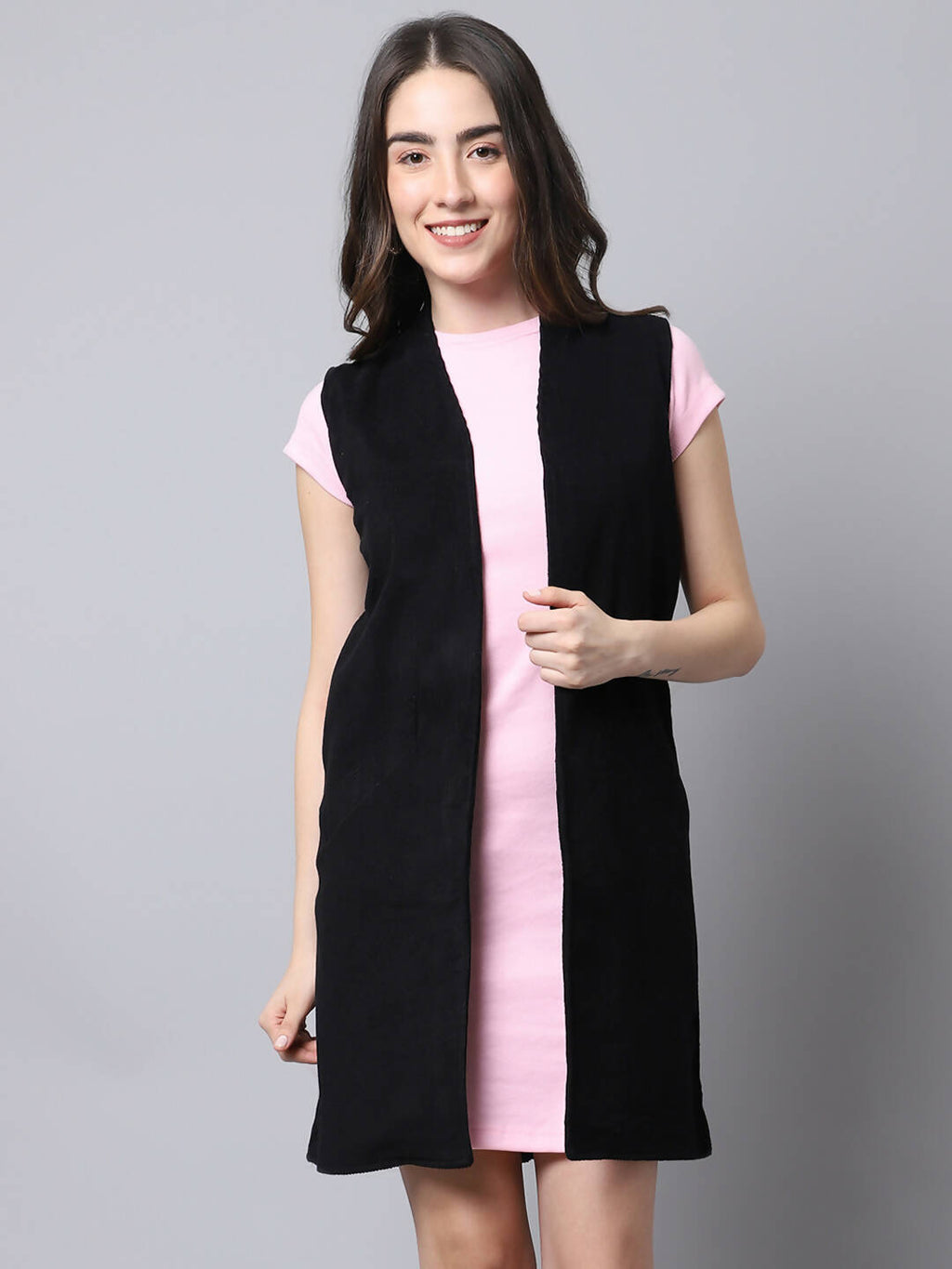 Even Apparels Black Polywool Open Front Corduroy Women's Long Coat
